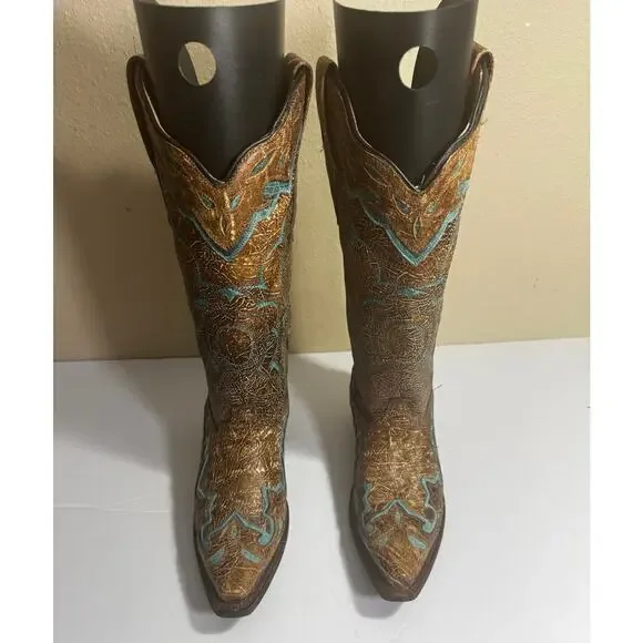 EUC Corral Boots Women's Tan Turquoise Snip Toe Western Cowboy Boots - Size 6M - Picture 2 of 8
